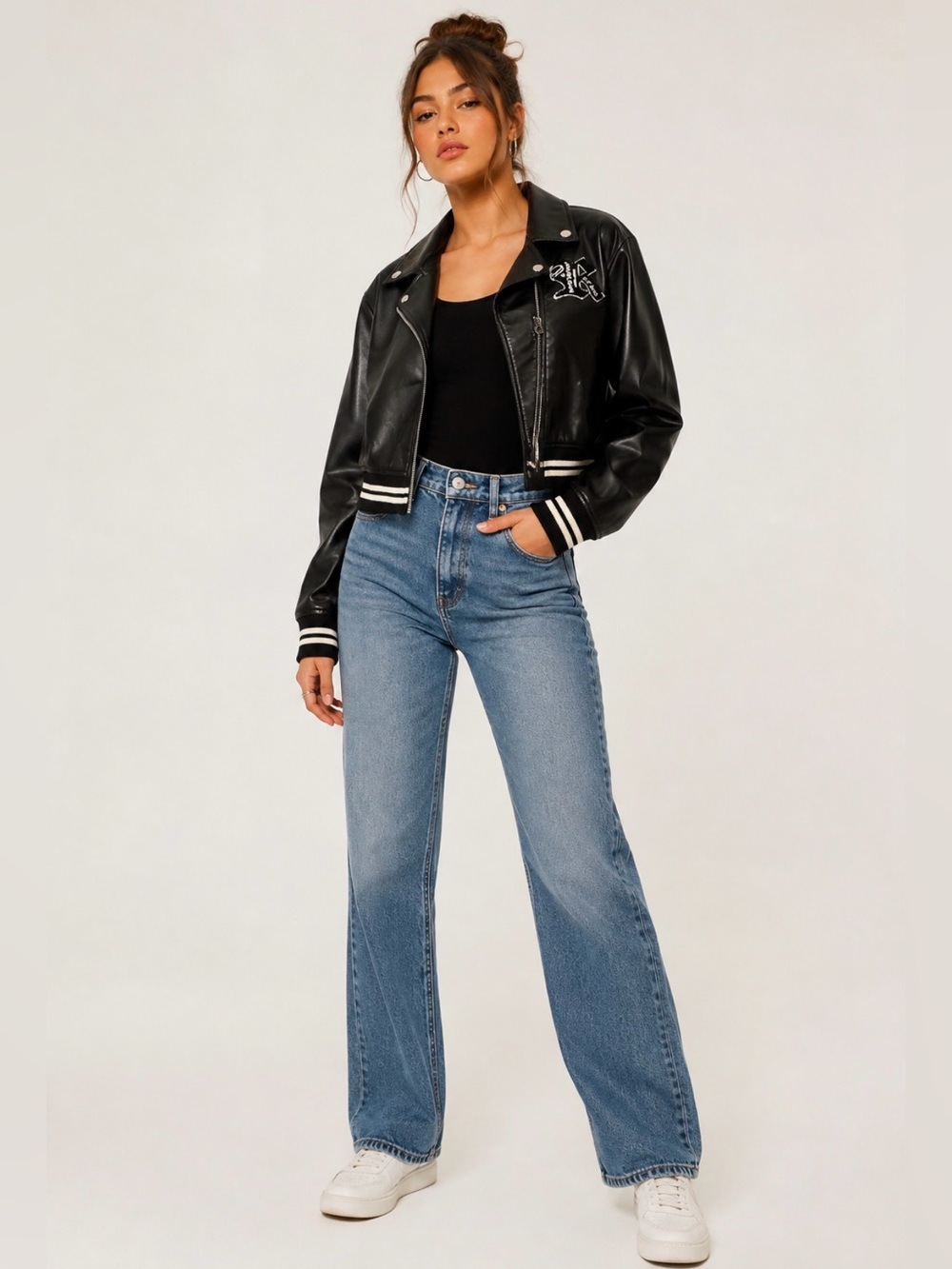 NWT TRUE RELIGION Black Faux Leather Horseshoe Varsity Moto Jacket